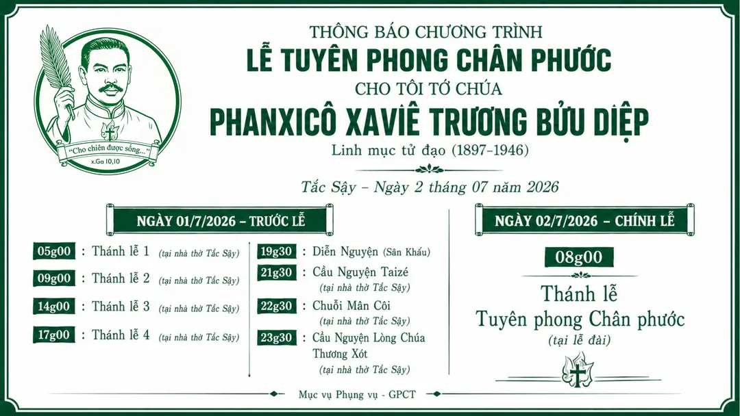 Các giờ cử hành Phụng vụ ngày lễ Tuyên phong Chân phước cho Tôi tớ Chúa Phanxicô Xaviê Trương Bửu Diệp